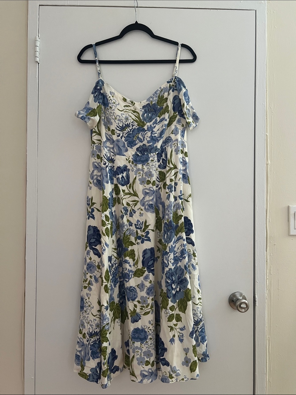 Reformation Floral Blue & Green Off-Shoulder Midi Dress